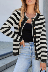 White Stripe Chic Golden Button Cardigan Sweater Cardigans JT's Designer Fashion