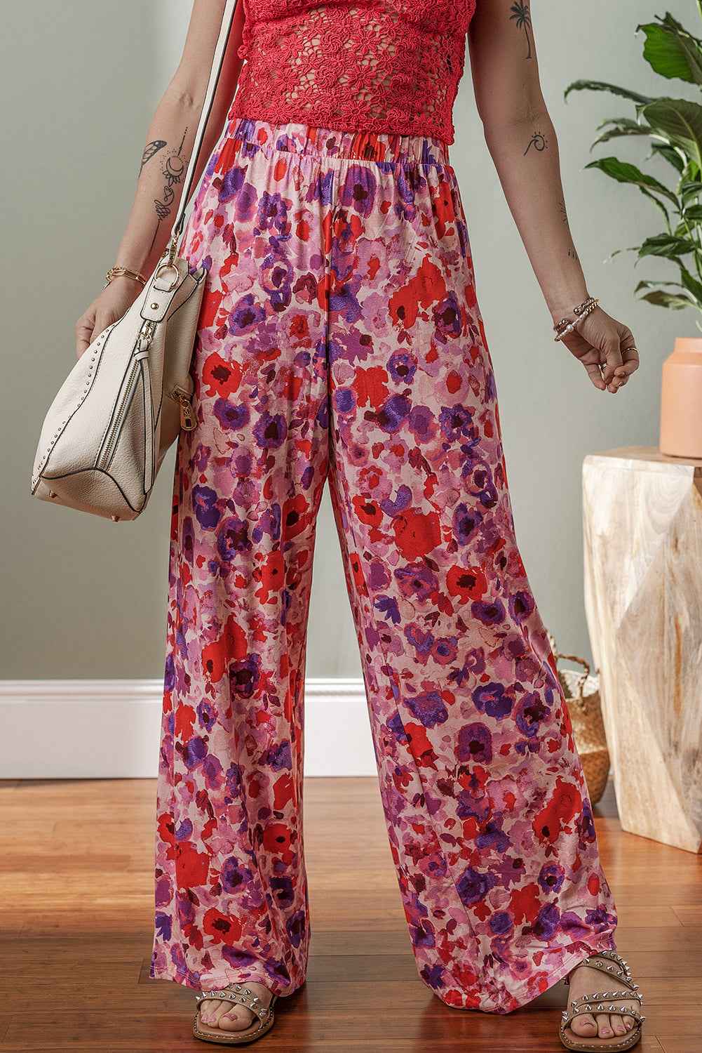 Purple Floral Wide Leg Elastic High Waist Pants Pants & Culotte JT's Designer Fashion