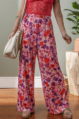 Purple Floral Wide Leg Elastic High Waist Pants Pants & Culotte JT's Designer Fashion