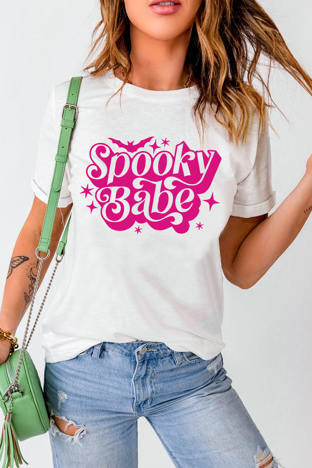 White Spooky Babe Bat Print Halloween Crewneck T Shirt Graphic Tees JT's Designer Fashion