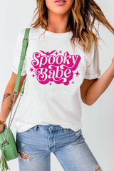 White Spooky Babe Bat Print Halloween Crewneck T Shirt Graphic Tees JT's Designer Fashion