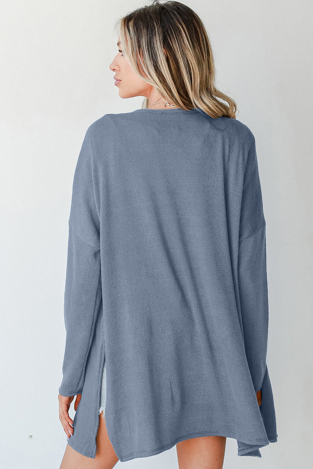 Ashleigh Blue Solid Color Rib Knit Open Front Tunic Cardigan Cardigans JT's Designer Fashion