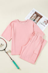 Apricot Pink Half Sleeve T-Shirt & Cargo Sweatpants Set Pant Sets JT's Designer Fashion