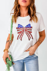 White USA Flag Bow Knot Patched Crew Neck T Shirt Graphic Tees JT's Designer Fashion