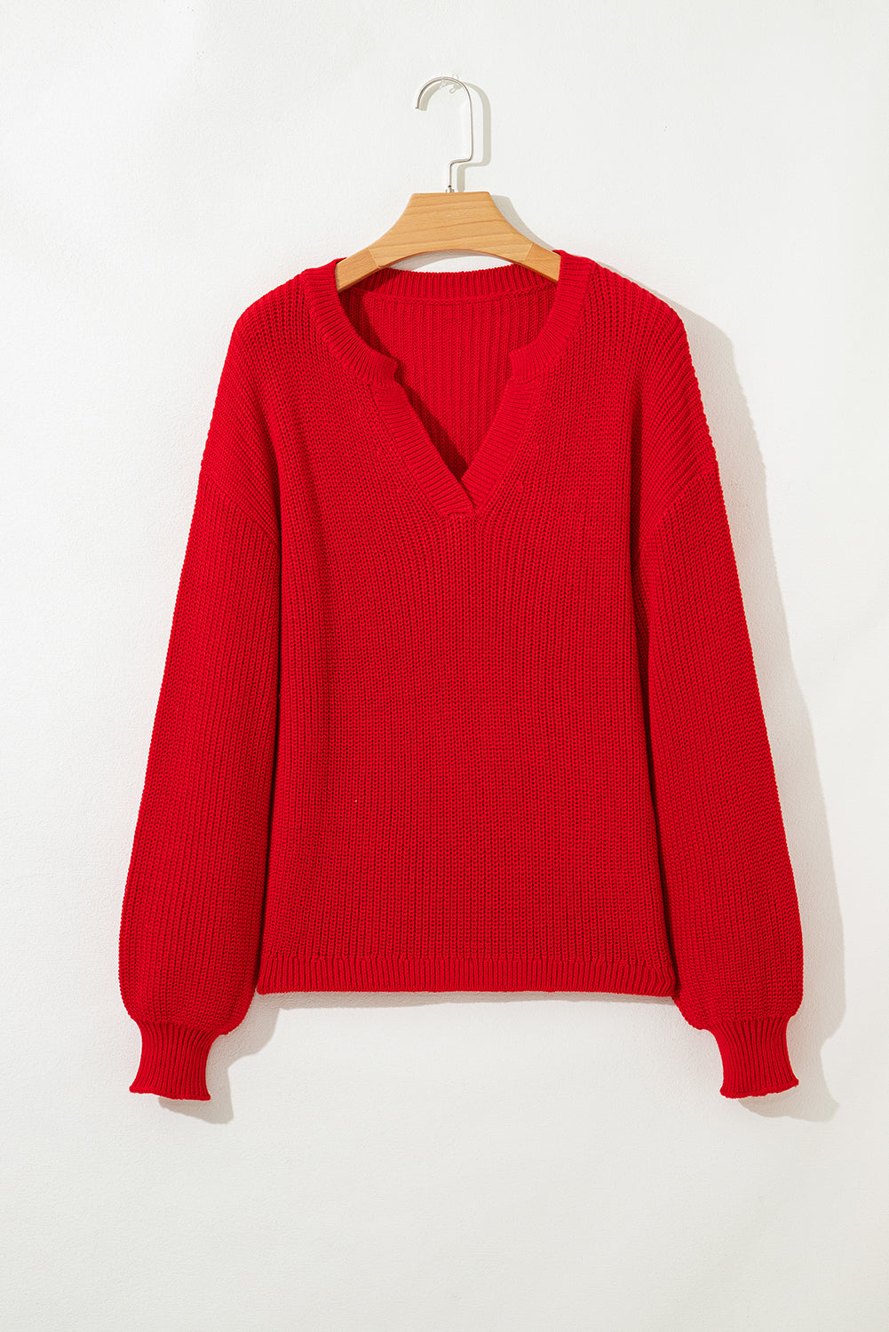 Racing Red Solid Textured Knit V Neck Drop Shoulder Sweater Sweaters JT's Designer Fashion