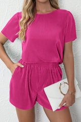 Bright Pink Casual Pleated Short Two-piece Set Bright Pink 100%Polyester Short Sets JT's Designer Fashion