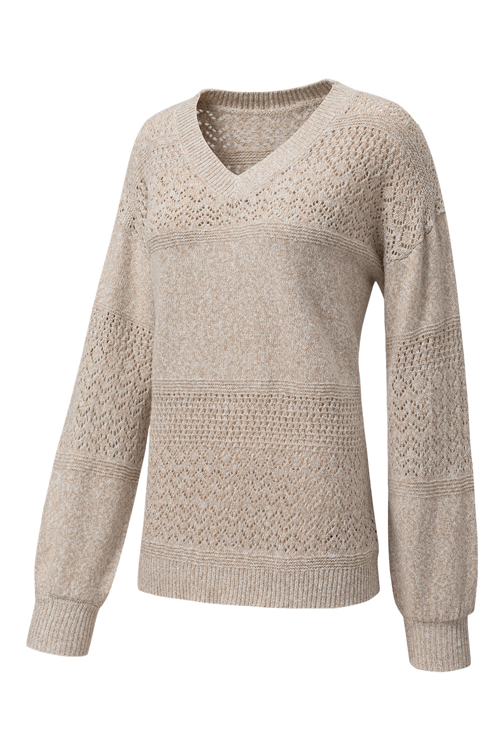 Brown Eyelet Pattern Detail V Neck Drop Shoulder Sweater Sweaters JT's Designer Fashion
