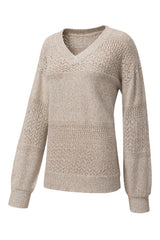 Brown Eyelet Pattern Detail V Neck Drop Shoulder Sweater Sweaters JT's Designer Fashion