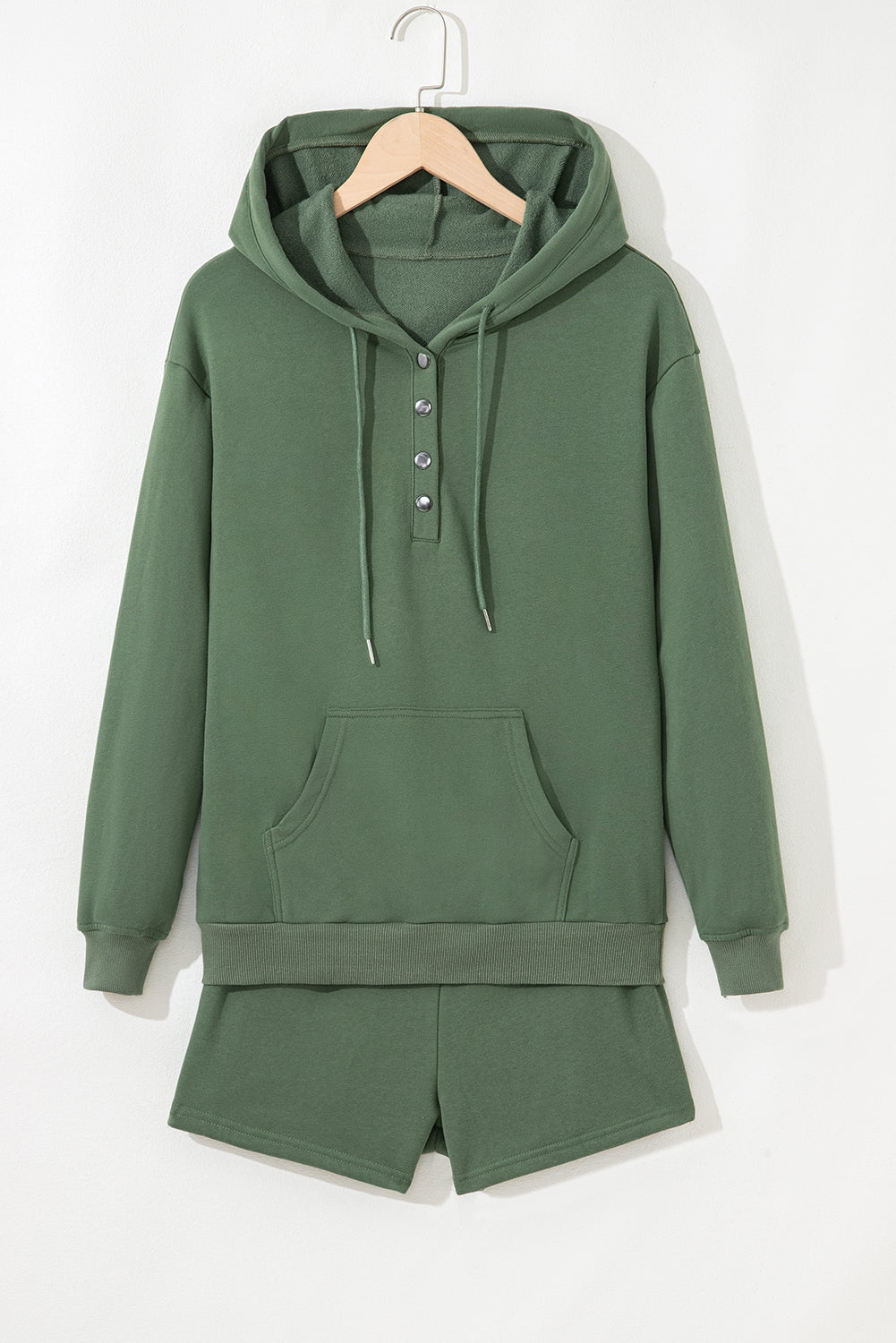 Mist Green Button Drawstring Hooded Pullover and Casual Short Set Short Sets JT's Designer Fashion