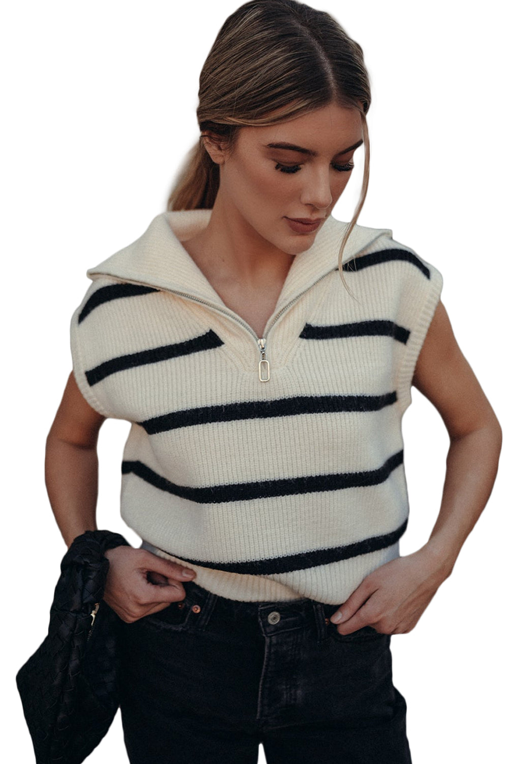 White Stripe Zipped Collar Cap Sleeve Knit Top Sweaters & Cardigans JT's Designer Fashion