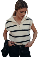 White Stripe Zipped Collar Cap Sleeve Knit Top Sweaters & Cardigans JT's Designer Fashion