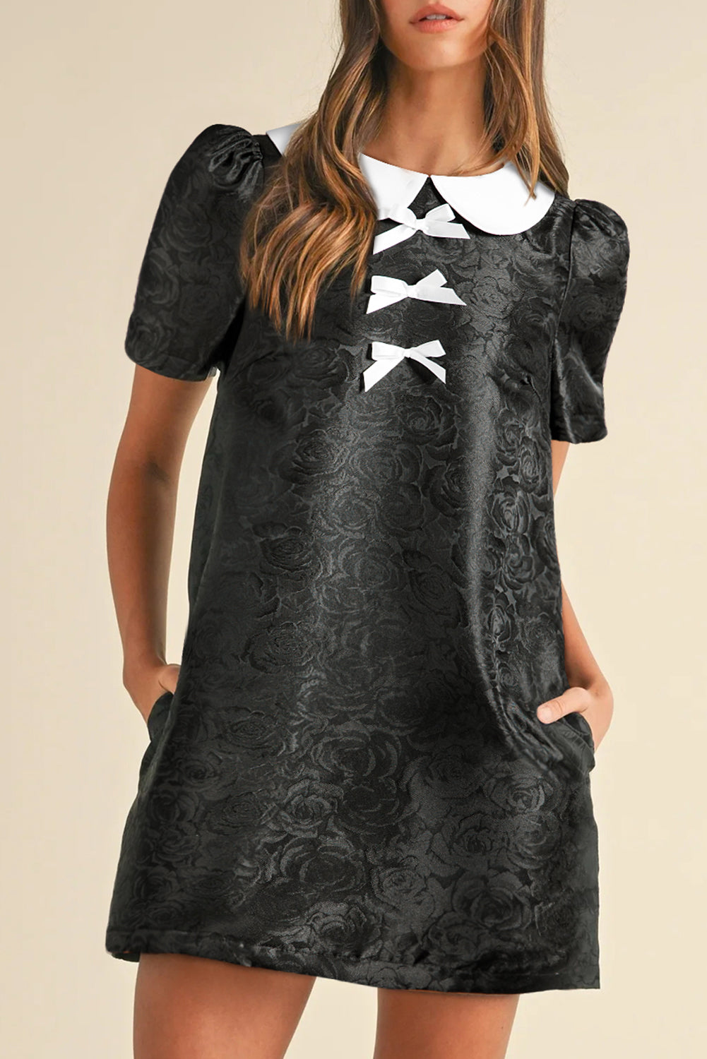 Black Floral Embossed Puff Sleeve Colorblock Bow Collared Mini Dress Mini Dresses JT's Designer Fashion