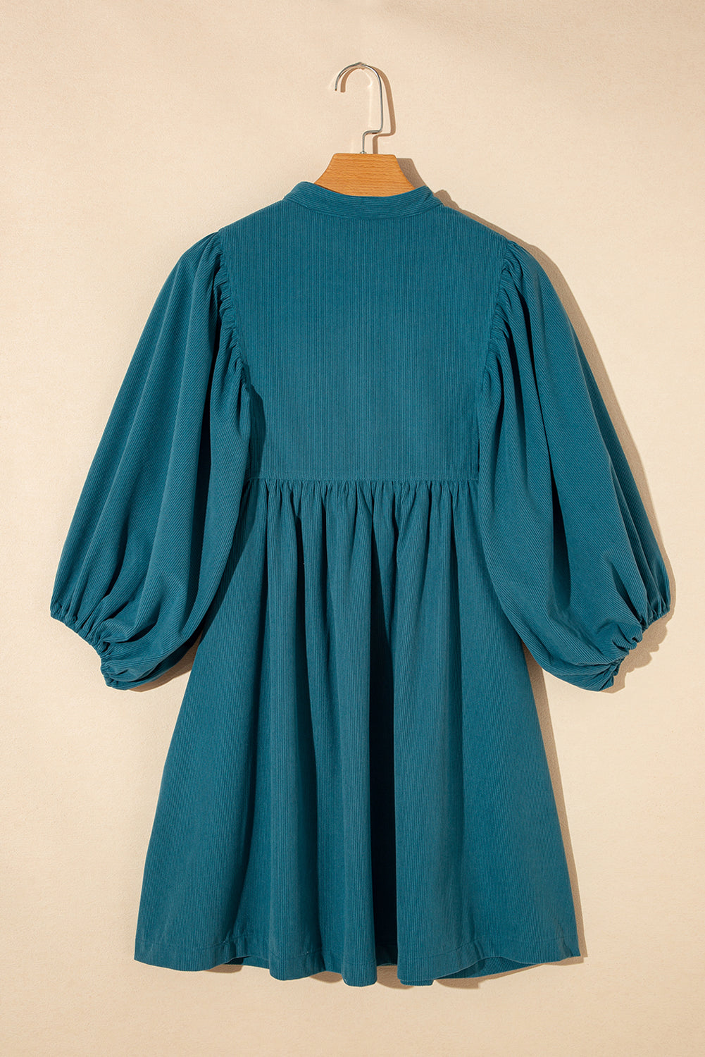 Blue Corduroy Snap Buttons Empire Waist Bracelet Sleeve Dress Mini Dresses JT's Designer Fashion