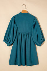 Blue Corduroy Snap Buttons Empire Waist Bracelet Sleeve Dress Mini Dresses JT's Designer Fashion