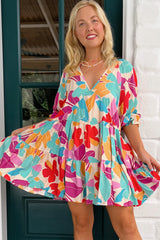Rose Red Floral Bubble Sleeve V Neck Tiered Ruffle Babydoll Dress Floral Dresses JT's Designer Fashion