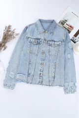 Sky Blue Lapel Distressed Raw Hem Buttons Denim Jacket Denim Jackets JT's Designer Fashion