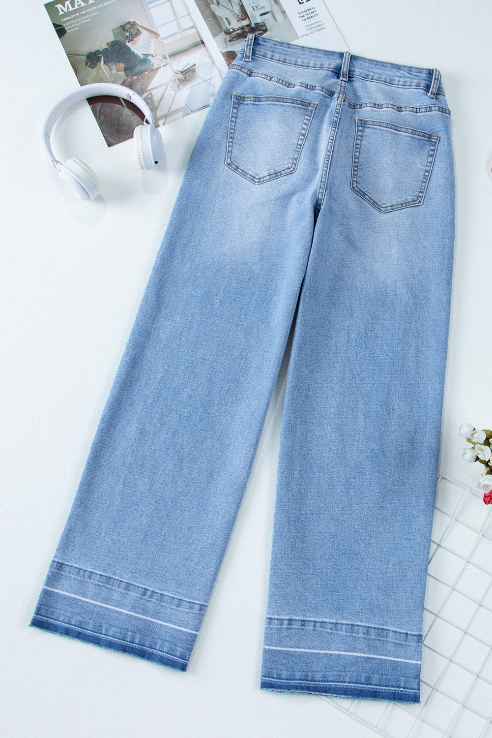 Dusk Blue Raw Hem Straight Leg Loose High Waist Jeans Jeans JT's Designer Fashion
