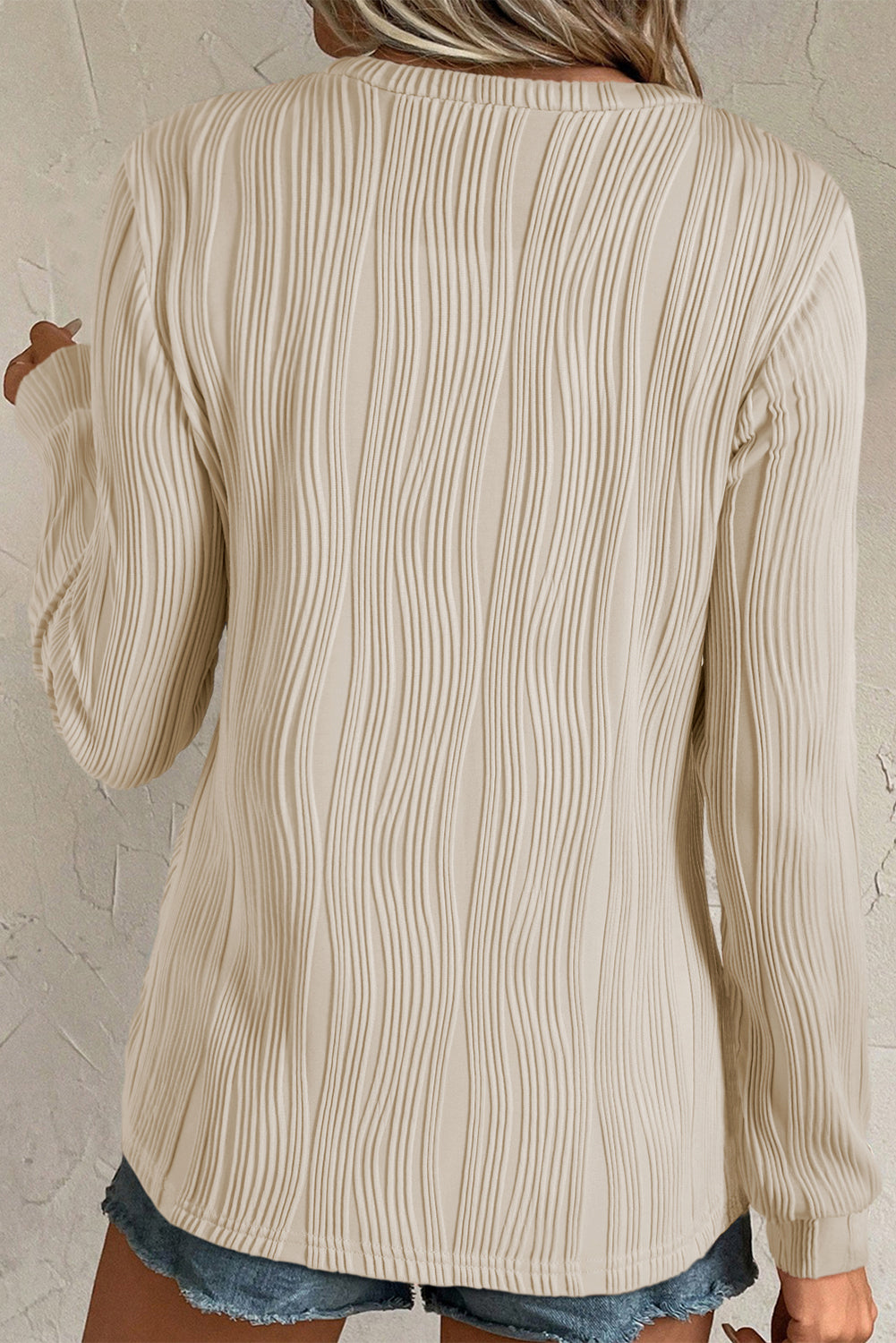 Apricot Textured Wavy Round Neck Long Sleeve Top Long Sleeve Tops JT's Designer Fashion