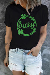 Black St Patrick Sequin Lucky Clover Print Short Sleeve T-shirt Graphic Tees JT's Designer Fashion
