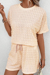 Beige Frill Textured Short Sleeve Top and Drawstring Shorts Set Short Sets JT's Designer Fashion