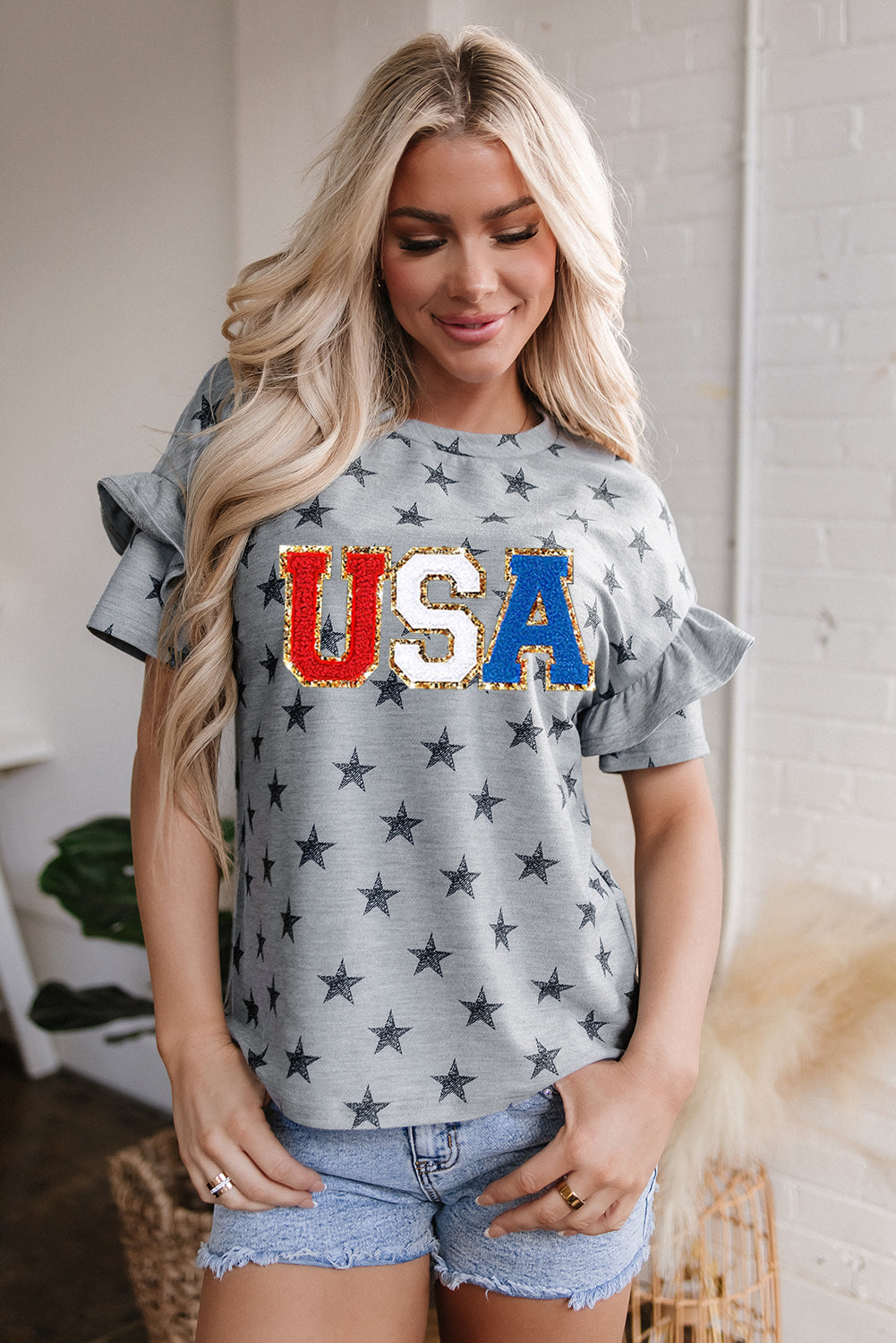 Gray USA Letter Patched Star Printed Ruffle Trim Sleeves Loose Tee Graphic Tees JT's Designer Fashion