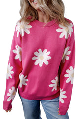 Bright Pink Daisy Flower Crew Neck Long Sleeve Sweater Sweaters JT's Designer Fashion