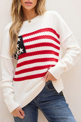 White American Flag Cable Knit Drop Shoulder Sweater Sweaters JT's Designer Fashion