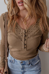 Chestnut Anglaise Broider Ribbed Long Sleeve Top Long Sleeve Tops JT's Designer Fashion