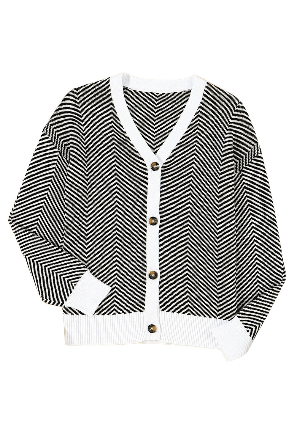 Black Stripe Buttoned Front V Neck Herringbone Cardigan Cardigans JT's Designer Fashion