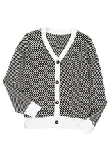 Black Stripe Buttoned Front V Neck Herringbone Cardigan Cardigans JT's Designer Fashion