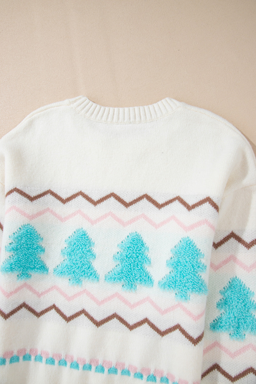 White Striped Christmas Tree Ribbed Trim Drop Shoulder Sweater Sweaters JT's Designer Fashion