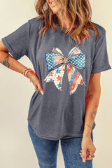 Gray US Flag Bow Print Round Neck Loose T Shirt Graphic Tees JT's Designer Fashion