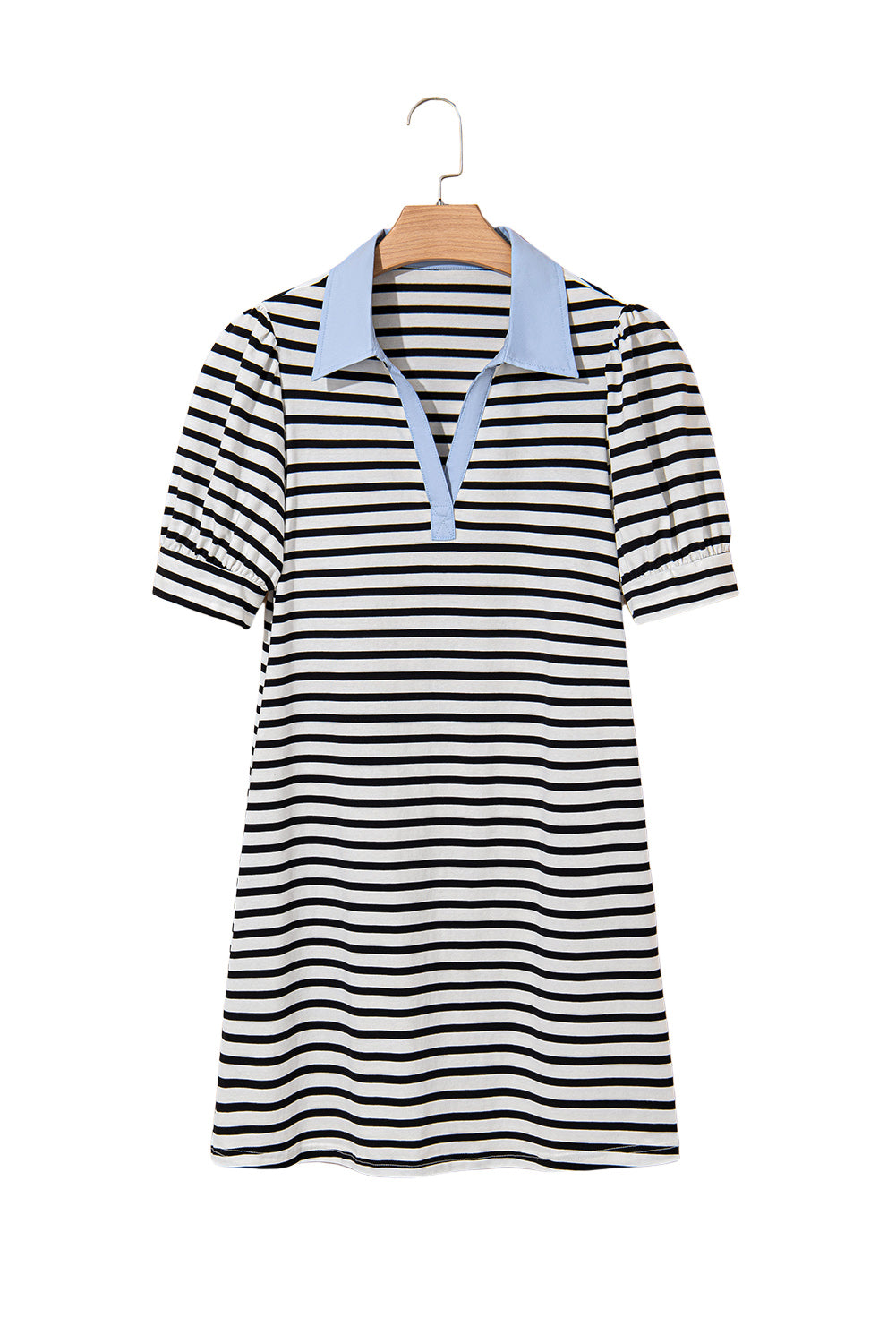 Black Stripe Contrast V Neck Collared Puff Sleeve T Shirt Mini Dress with Pockets T Shirt Dresses JT's Designer Fashion