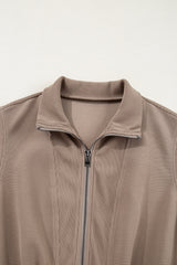 Dark Khaki Textured Short Sleeve Half Zip Drawstring Waist Romper Jumpsuits & Rompers JT's Designer Fashion