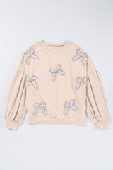 Parchment Embroidered Bow Lantern Sleeve Oversized Pullover Sweatshirt Sweatshirts & Hoodies JT's Designer Fashion