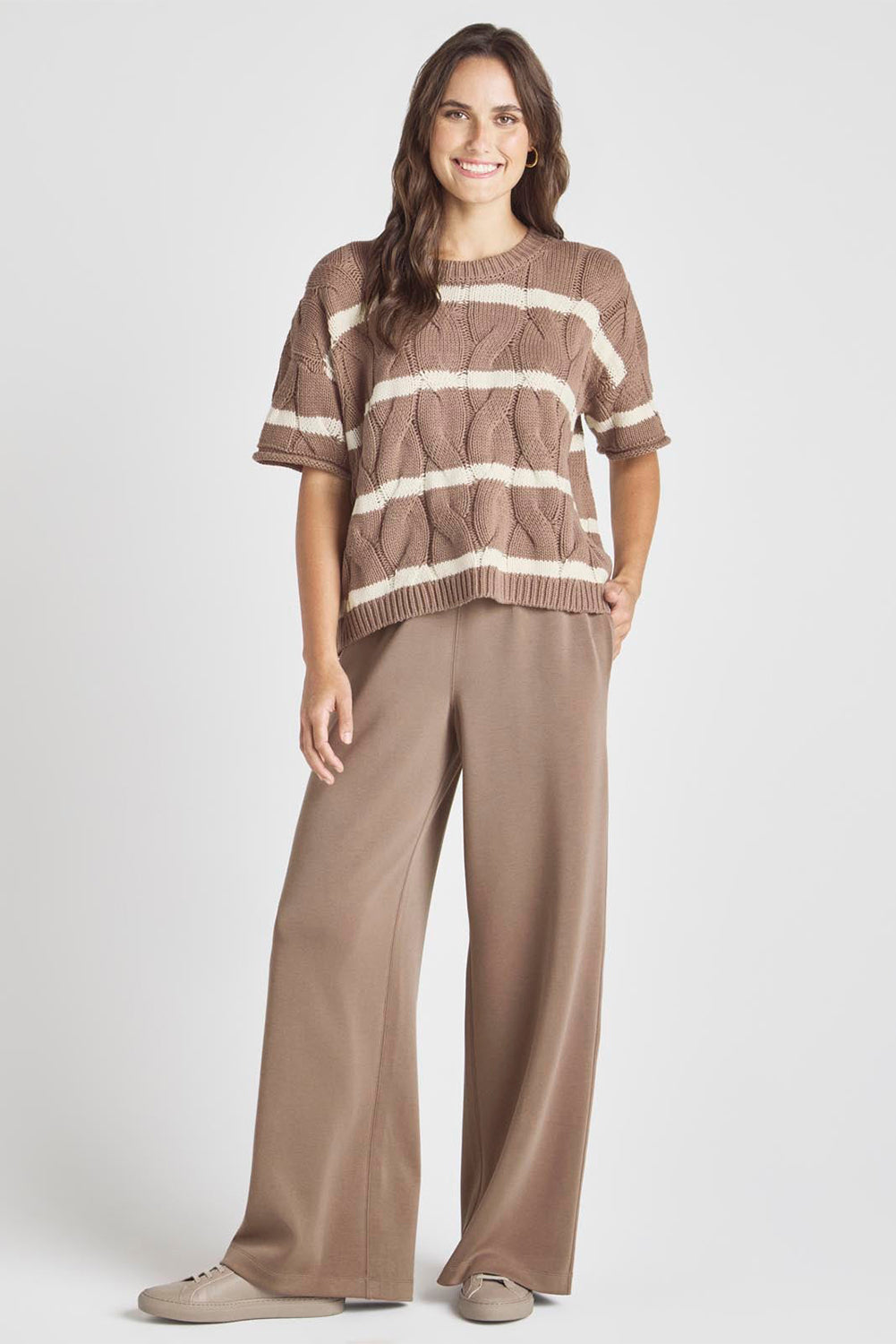 Dark Khaki Striped Cable Short Sleeve Sweater Sweaters & Cardigans JT's Designer Fashion