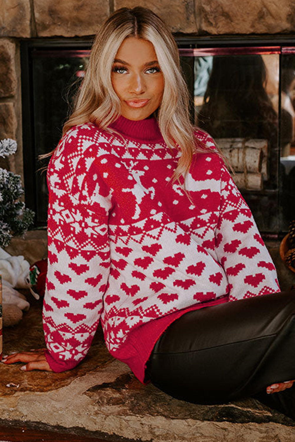 Fiery Red Merry Christmas Reindeer Heart Pattern High Neck Sweater Sweaters JT's Designer Fashion