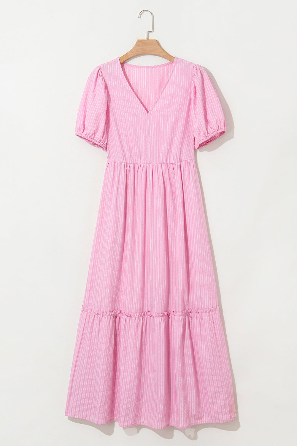 Pink Stripe V Neck Puff Short Sleeve Long Dress Maxi Dresses JT's Designer Fashion