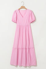 Pink Stripe V Neck Puff Short Sleeve Long Dress Maxi Dresses JT's Designer Fashion