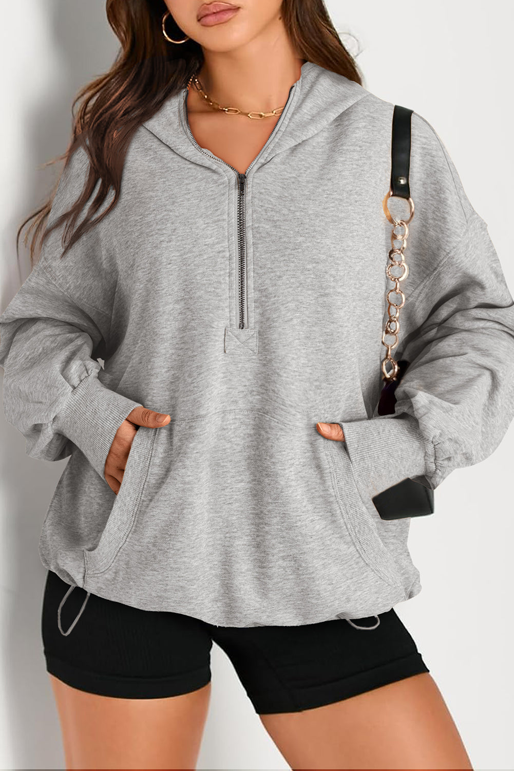 Light Grey Solid Kangaroo Pocket Half Zipper Oversized Hoodie Sweatshirts & Hoodies JT's Designer Fashion