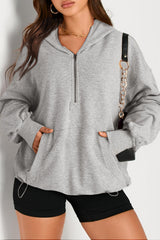Light Grey Solid Kangaroo Pocket Half Zipper Oversized Hoodie Sweatshirts & Hoodies JT's Designer Fashion