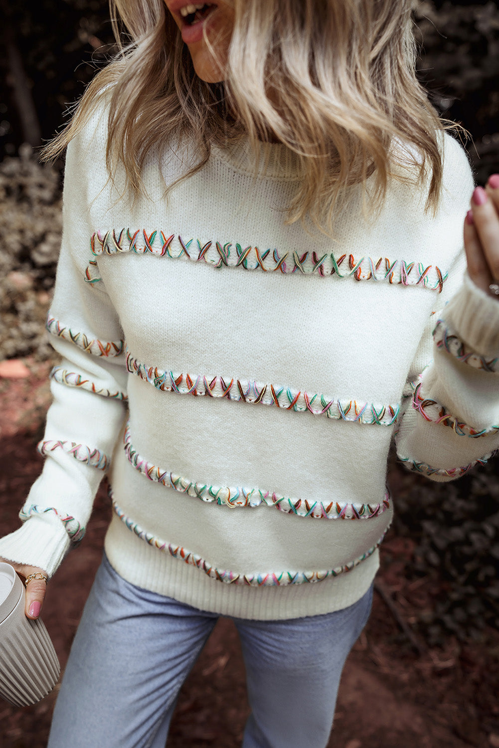 White Colorful Crossed Stitch Drop Shoulder Sweater White 42%Acrylic+30%Polyester+28%Polyamide Sweaters JT's Designer Fashion