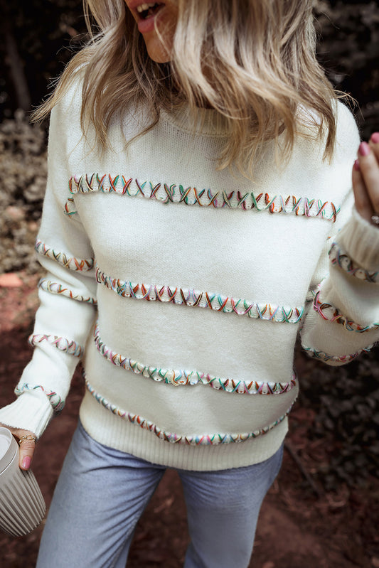 White Colorful Crossed Stitch Drop Shoulder Sweater White 42%Acrylic+30%Polyester+28%Polyamide Sweaters JT's Designer Fashion