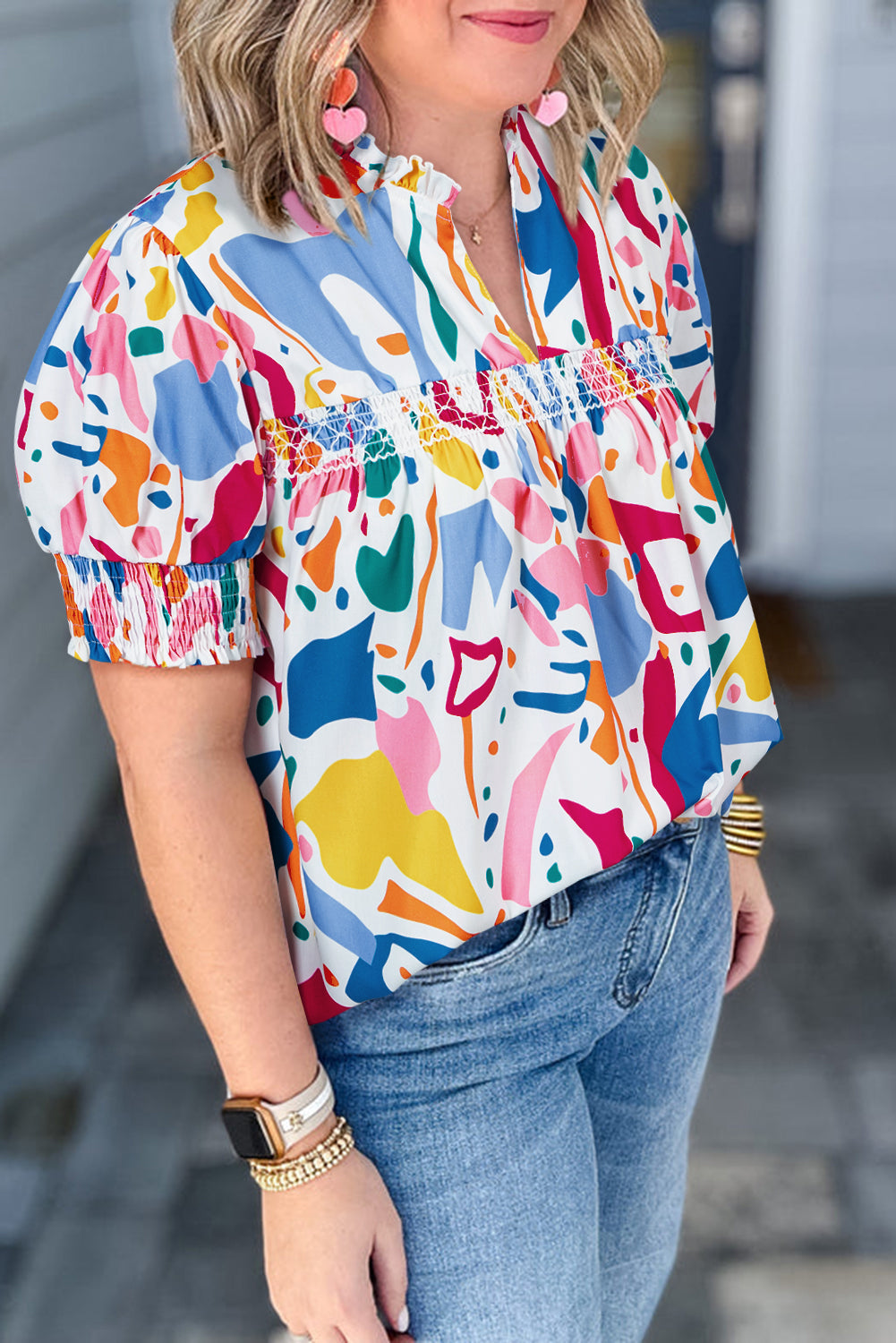 White Abstract Print Shirred Cuff Puff Sleeve Plus Size Blouse Plus Size Blouses & Shirts JT's Designer Fashion