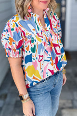 White Abstract Print Shirred Cuff Puff Sleeve Plus Size Blouse Plus Size Blouses & Shirts JT's Designer Fashion