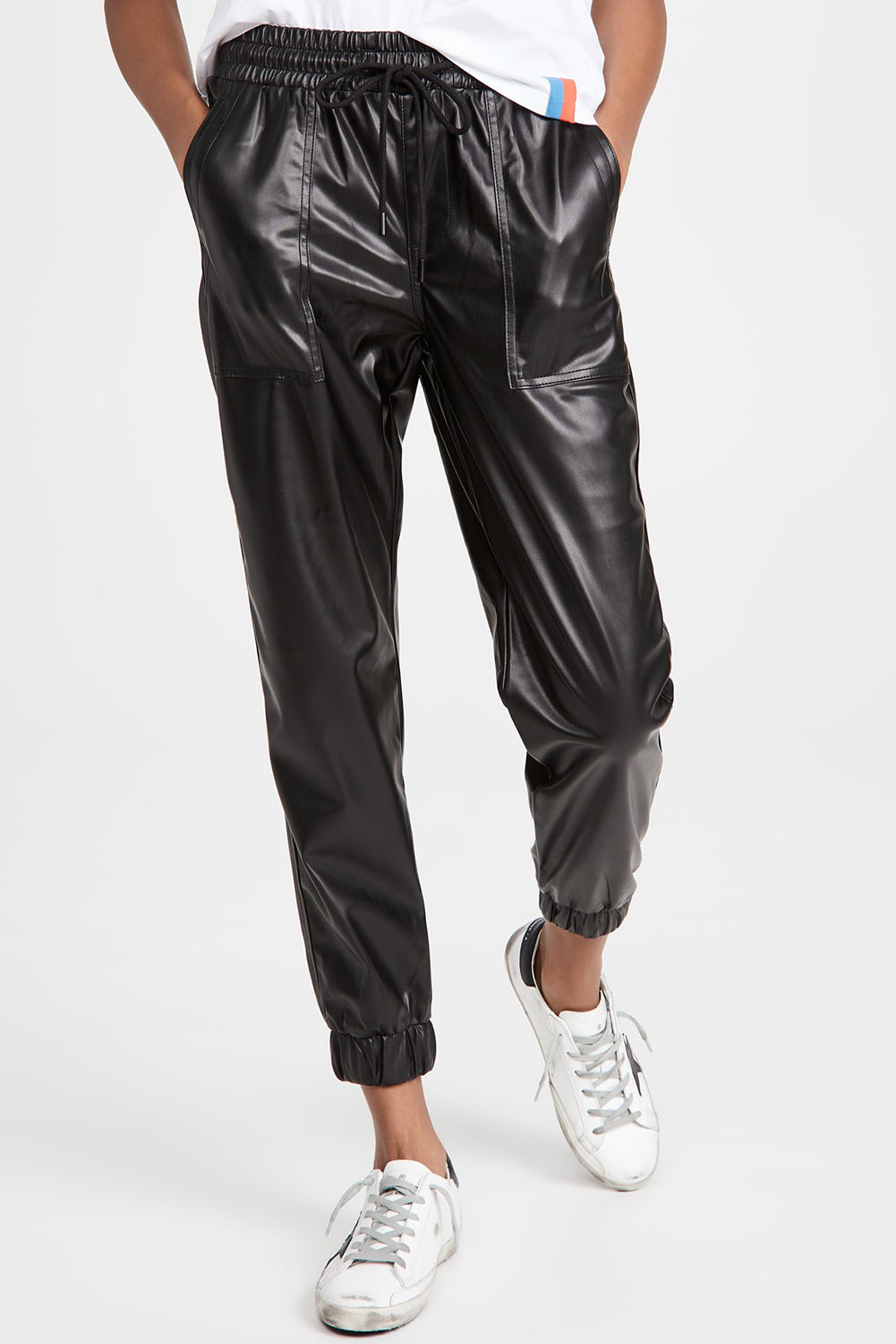 Black Faux Leather Ankle Smocked Waist Drawstring Joggers Pants & Culotte JT's Designer Fashion