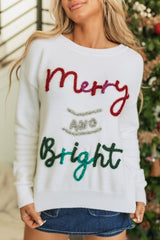 White Tinsel Merry and Bright Graphic Christmas Sweater Sweaters JT's Designer Fashion