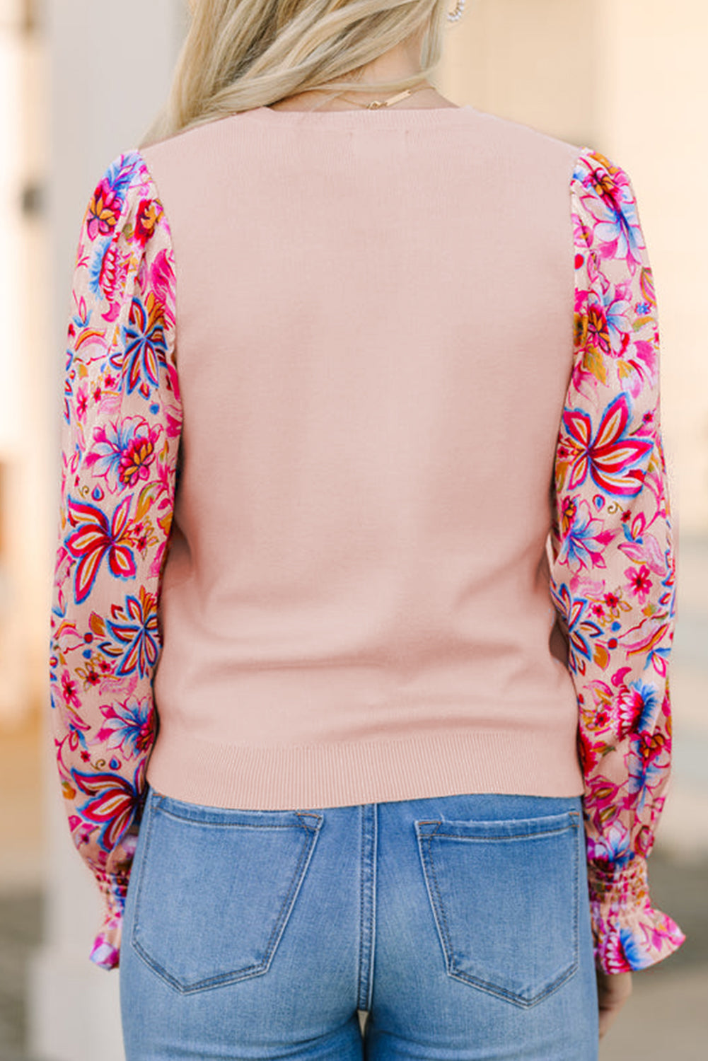 Oatmeal Floral Printed Patchwork Smocked Lantern Sleeve Knit Top Sweaters JT's Designer Fashion