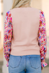 Oatmeal Floral Printed Patchwork Smocked Lantern Sleeve Knit Top Sweaters JT's Designer Fashion
