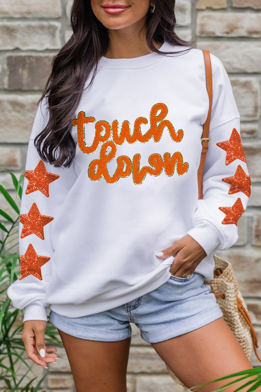Beige Glittering Touch Down Patched Pattern Star Sleeve Sweatshirt Beige 50%Polyester+50%Cotton Graphic Sweatshirts JT's Designer Fashion